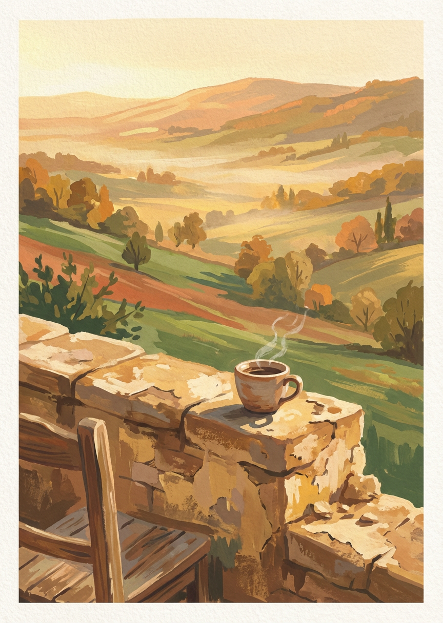 Carte du quiz tarot « La lumière d'octobre » — Le café du matin face à la vallée, la lumière qui caresse les…