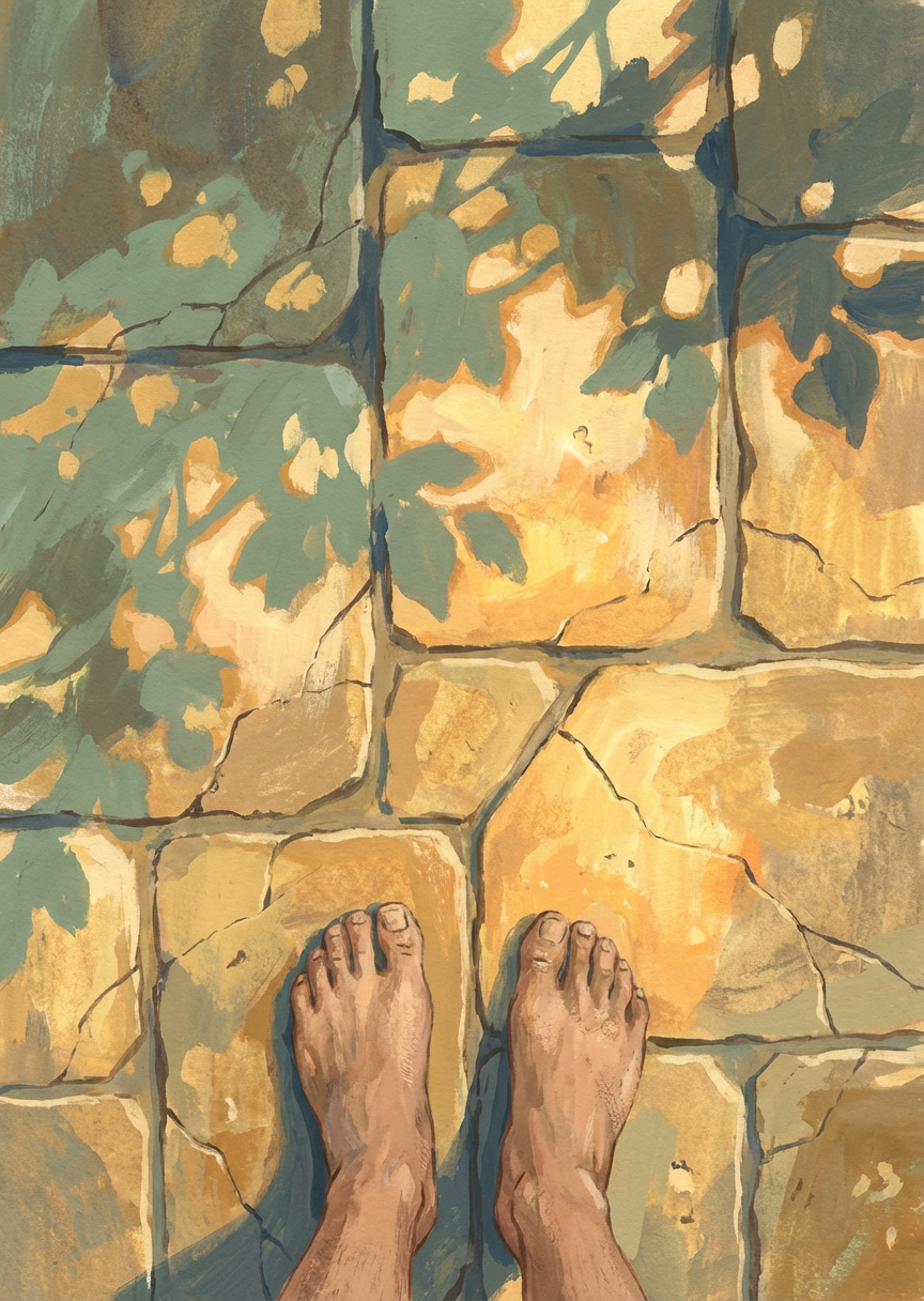 Carte du quiz tarot « Pieds nus sur les dalles » — La fraîcheur de la pierre au petit matin, la chaleur…
