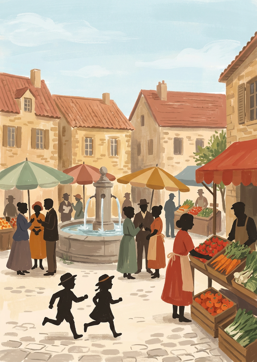 Carte du quiz tarot « La place du village, un samedi » — Le marché qui déborde jusqu'à la fontaine, les…