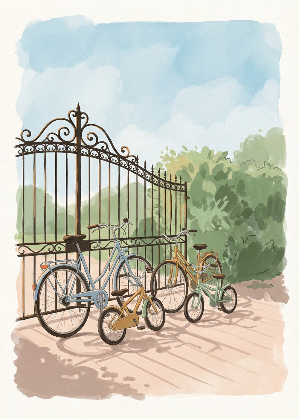 Carte du quiz tarot « Les vélos qui traînent » — Quatre vélos posés contre la grille le soir, qu'on ne…
