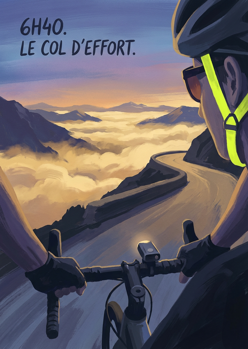 Carte du quiz tarot « Le lever de soleil depuis le col » — Six heures quarante, frontale éteinte, la vallée…