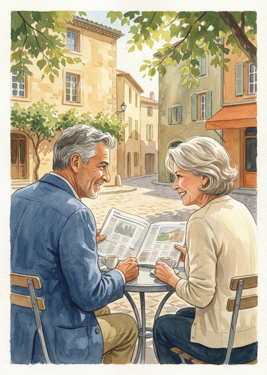 Carte du quiz tarot « La terrasse du café, en matinée » — Les mêmes têtes qu'hier, le journal partagé, le…