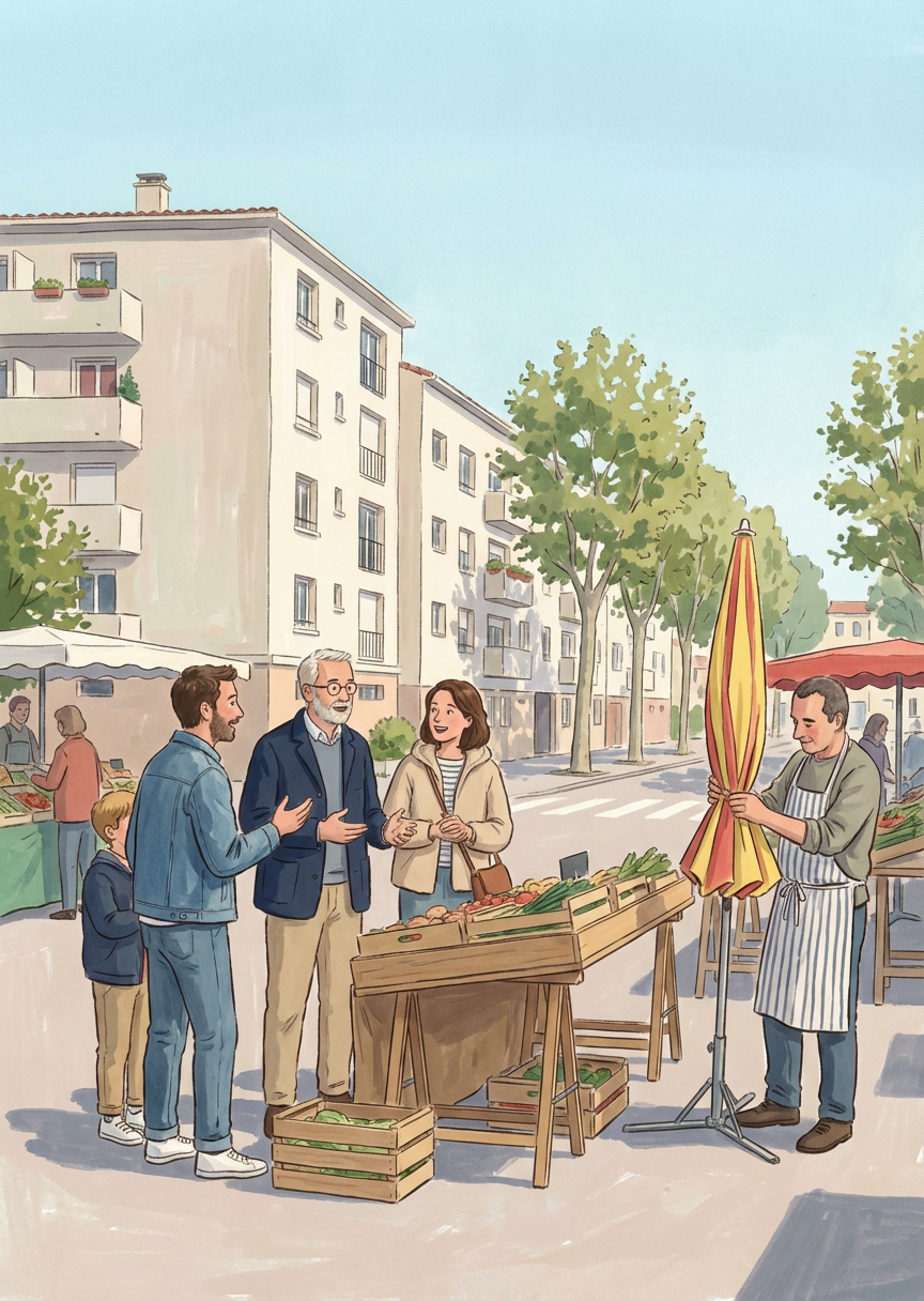 Carte du quiz tarot « Le quartier qu'on a choisi » — Tassin un samedi matin, le marché qui finit, les…