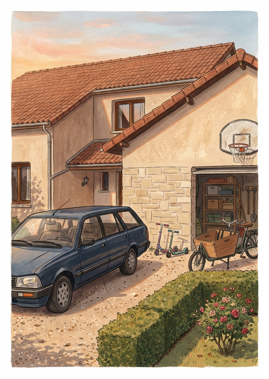 Carte du quiz tarot « La voiture dans l'allée » — Le break familial, deux trottinettes, un vélo cargo, et la…