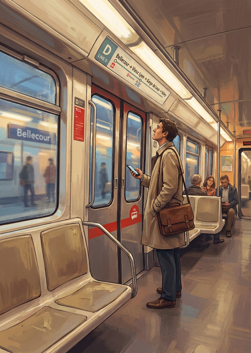 Carte du quiz tarot « Le mardi dans la routine » — Mardi en fin de journée, métro D depuis Bellecour, deux…